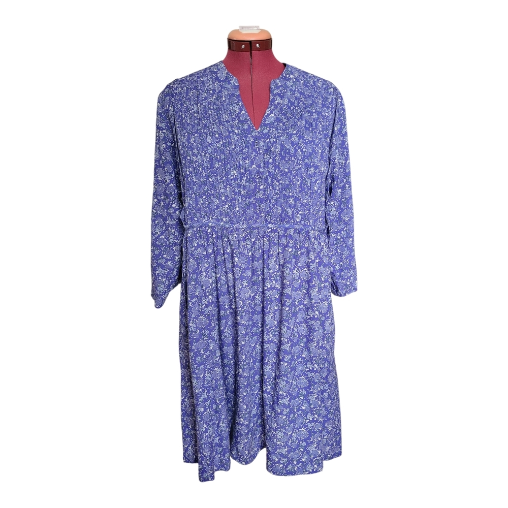 April Cornell 100% Rayon Blue Floral Midi Dress Cottagecore Boho Pintuck